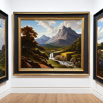 **Prompt:** AI-generated digital art in an art gallery, showcasing unique and complex abstract paintings alongside realistic landscape depictions. Focus on the diverse characteristics resulting from variations in AI algorithms. The scene should highlight the challenge to traditional definitions of art and creativity.