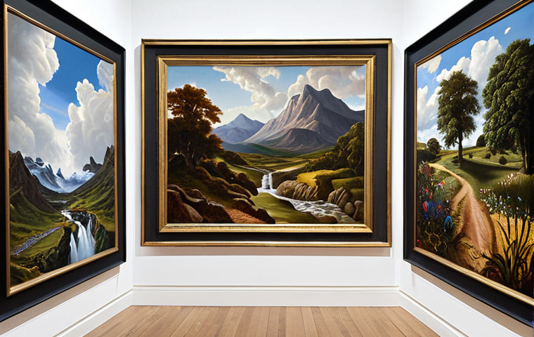 **Prompt:** AI-generated digital art in an art gallery, showcasing unique and complex abstract paintings alongside realistic landscape depictions. Focus on the diverse characteristics resulting from variations in AI algorithms. The scene should highlight the challenge to traditional definitions of art and creativity.