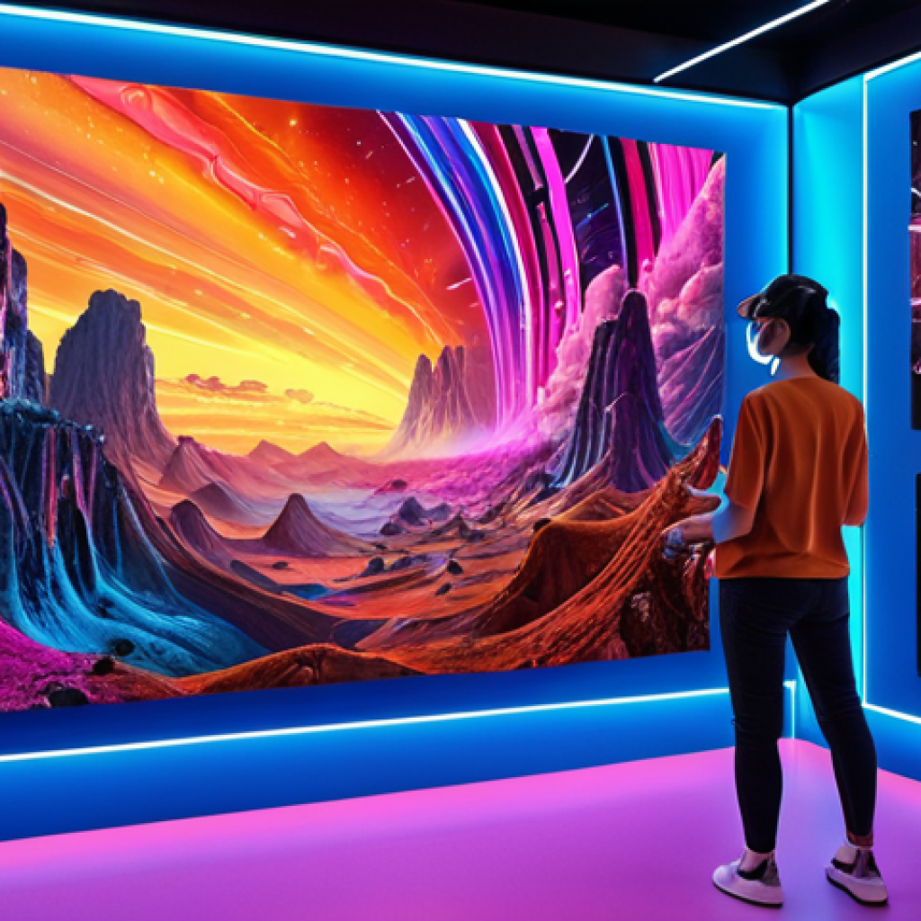 **An AI creating digital art on a virtual canvas in a metaverse gallery, showcasing the blend of technology and artistic expression. Vibrant colors, futuristic setting.**