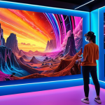 **An AI creating digital art on a virtual canvas in a metaverse gallery, showcasing the blend of technology and artistic expression. Vibrant colors, futuristic setting.**