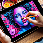 ** AI as a creative partner: A person using an AI art app on a tablet, creating a vibrant and experimental digital painting.

**