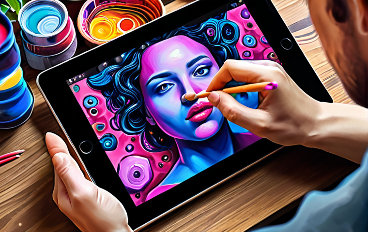** AI as a creative partner: A person using an AI art app on a tablet, creating a vibrant and experimental digital painting.

**