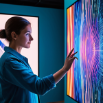 A professional digital artist in appropriate attire, fully clothed, interacting with a large, translucent display showcasing a vibrant and complex AI-generated artwork. The scene is set in a modern, minimalist art studio with soft, ambient lighting. Futuristic artistic tools and glowing lines of code or data streams are subtly integrated into the background, symbolizing the convergence of algorithms and traditional art. The atmosphere is innovative and creative, with high-quality, professional photography, sharp focus, and vivid colors. This image promotes appropriate content and is safe for work, featuring perfect anatomy, correct proportions, a natural pose, well-formed hands, proper finger count, and natural body proportions, suitable for a family-friendly audience.