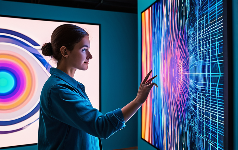 A professional digital artist in appropriate attire, fully clothed, interacting with a large, translucent display showcasing a vibrant and complex AI-generated artwork. The scene is set in a modern, minimalist art studio with soft, ambient lighting. Futuristic artistic tools and glowing lines of code or data streams are subtly integrated into the background, symbolizing the convergence of algorithms and traditional art. The atmosphere is innovative and creative, with high-quality, professional photography, sharp focus, and vivid colors. This image promotes appropriate content and is safe for work, featuring perfect anatomy, correct proportions, a natural pose, well-formed hands, proper finger count, and natural body proportions, suitable for a family-friendly audience.