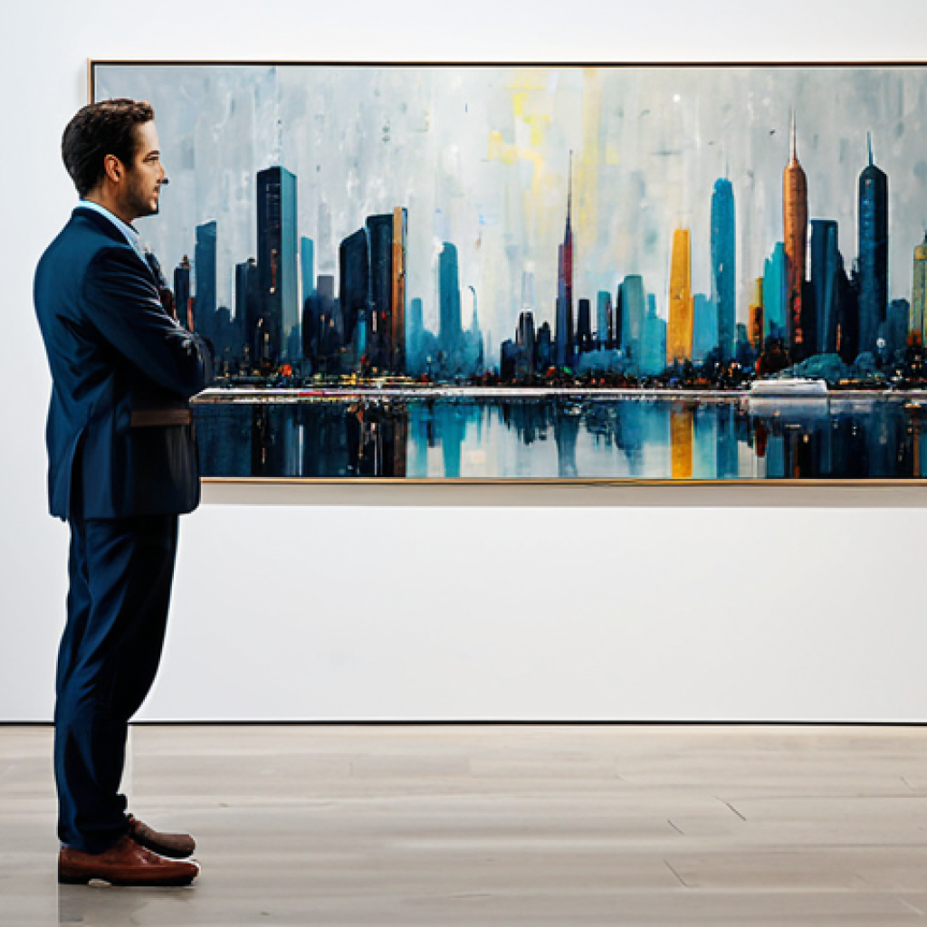 A professional art enthusiast in a modest business suit, standing in a brightly lit, minimalist modern art gallery, viewing a large, thought-provoking abstract AI-generated painting. The painting on the screen features a deep emotional resonance, using expressive digital brushstrokes and a harmonious palette of cool and muted tones to evoke a sense of contemplative solitude within a sprawling metropolitan cityscape. High-quality digital art, professional photography, sharp focus, perfect anatomy, correct proportions, natural pose, well-formed hands, proper finger count, natural body proportions, safe for work, appropriate content, fully clothed, professional, family-friendly.