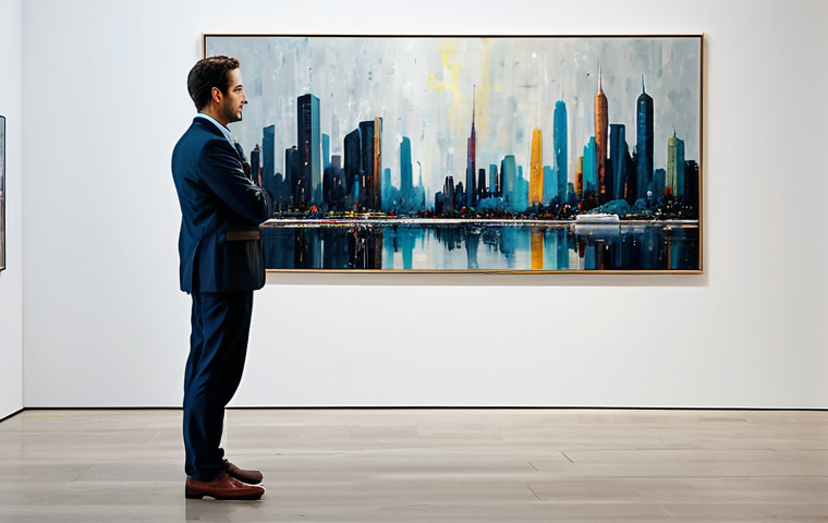 A professional art enthusiast in a modest business suit, standing in a brightly lit, minimalist modern art gallery, viewing a large, thought-provoking abstract AI-generated painting. The painting on the screen features a deep emotional resonance, using expressive digital brushstrokes and a harmonious palette of cool and muted tones to evoke a sense of contemplative solitude within a sprawling metropolitan cityscape. High-quality digital art, professional photography, sharp focus, perfect anatomy, correct proportions, natural pose, well-formed hands, proper finger count, natural body proportions, safe for work, appropriate content, fully clothed, professional, family-friendly.