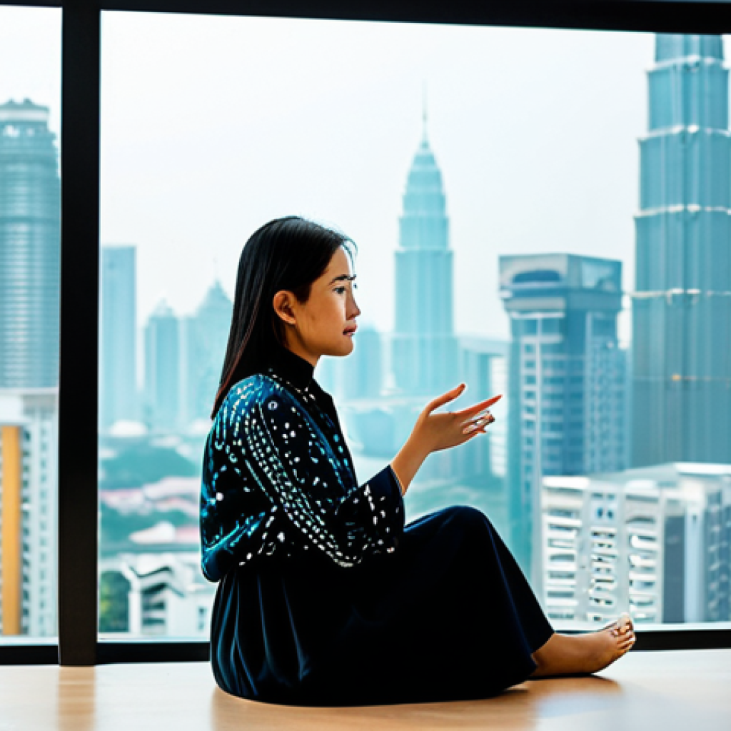 A professional Malaysian female artist, early 30s, wearing a modest, stylish, contemporary outfit with subtle batik patterns, fully clothed, appropriate attire. She is seated comfortably, looking intently at a large, futuristic transparent digital display showing AI-generated art concepts. Her hand gestures subtly, refining a prompt or curating output. The setting is a modern, clean creative studio in Kuala Lumpur, with a view of the city skyline visible through a large window, suggesting innovation and collaboration. Soft, artistic lighting, high-resolution, sharp focus, perfect anatomy, correct proportions, well-formed hands, proper finger count, natural pose, professional photography, digital art style, safe for work, appropriate content, fully clothed, family-friendly.
