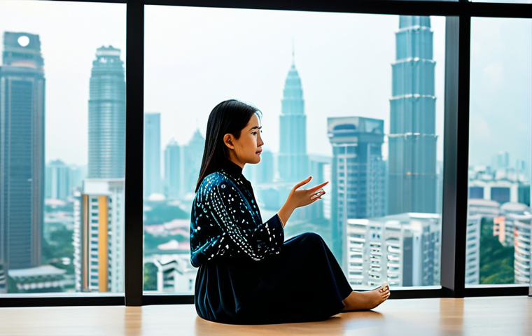 A professional Malaysian female artist, early 30s, wearing a modest, stylish, contemporary outfit with subtle batik patterns, fully clothed, appropriate attire. She is seated comfortably, looking intently at a large, futuristic transparent digital display showing AI-generated art concepts. Her hand gestures subtly, refining a prompt or curating output. The setting is a modern, clean creative studio in Kuala Lumpur, with a view of the city skyline visible through a large window, suggesting innovation and collaboration. Soft, artistic lighting, high-resolution, sharp focus, perfect anatomy, correct proportions, well-formed hands, proper finger count, natural pose, professional photography, digital art style, safe for work, appropriate content, fully clothed, family-friendly.
