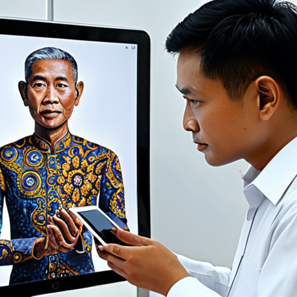 AI Art Creation**

A Malaysian artist, fully clothed in batik attire, using a tablet displaying AI art software. The background shows a bright, modern studio with examples of AI-generated art on display. Focus on the artist's interaction with the technology, showcasing the creative process. Perfect anatomy, correct proportions, well-formed hands. Safe for work, appropriate content, professional, modest, family-friendly.

**