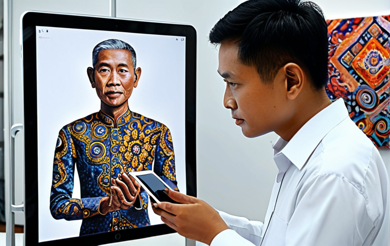 AI Art Creation**

A Malaysian artist, fully clothed in batik attire, using a tablet displaying AI art software. The background shows a bright, modern studio with examples of AI-generated art on display. Focus on the artist's interaction with the technology, showcasing the creative process. Perfect anatomy, correct proportions, well-formed hands. Safe for work, appropriate content, professional, modest, family-friendly.

**