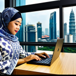 ** A professional Malaysian businesswoman in a modest baju kurung with a batik pattern, working on a laptop at a modern office desk with a view of the Kuala Lumpur skyline, fully clothed, appropriate attire, safe for work, perfect anatomy, natural proportions, professional photography, high quality.

**