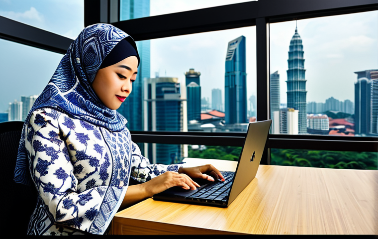 ** A professional Malaysian businesswoman in a modest baju kurung with a batik pattern, working on a laptop at a modern office desk with a view of the Kuala Lumpur skyline, fully clothed, appropriate attire, safe for work, perfect anatomy, natural proportions, professional photography, high quality.

**