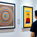 AI 아트 전시회 - **AI Art Exhibition:** "A modern art gallery showcasing diverse AI-generated artwork, with visitors ...