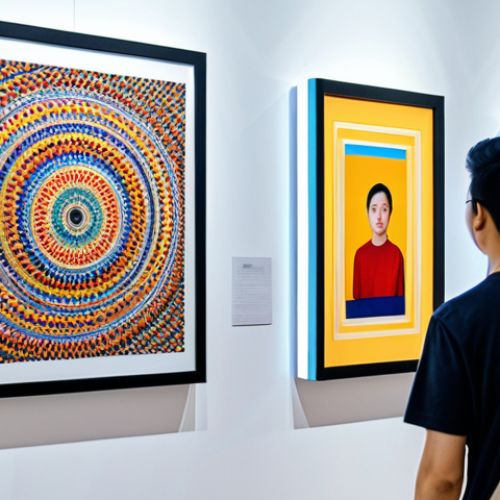 AI 아트 전시회 - **AI Art Exhibition:** "A modern art gallery showcasing diverse AI-generated artwork, with visitors ...