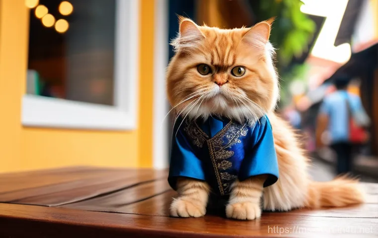 AI 예술과 움직이는 이미지 - A fluffy ginger Persian cat, wearing a beautifully tailored blue Baju Melayu with a matching songkok...