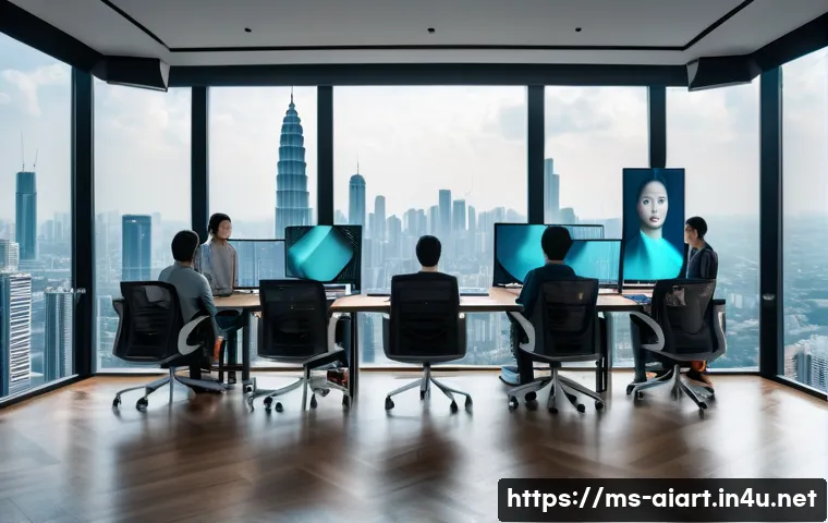 AI 영상 예술 - A modern Malaysian creative studio environment with diverse video artists collaborating with AI-powe...