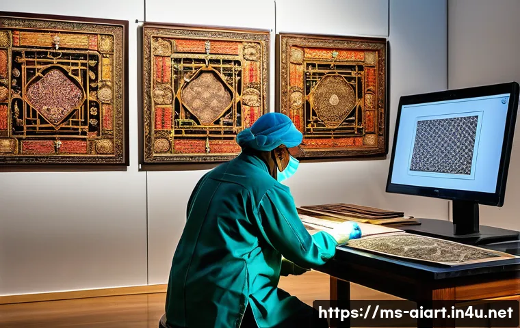 AI로 복원된 예술 - A highly detailed digital restoration scene showing an elderly Malay art conservator carefully worki...