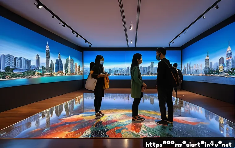 AI 예술과 몰입형 경험 - A futuristic Malaysian art gallery showcasing AI-generated digital paintings in a spacious, modern i...