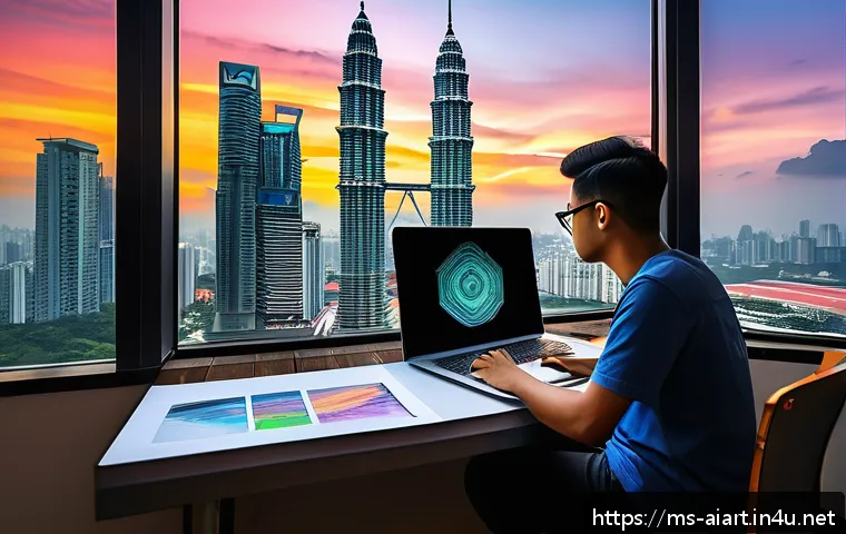 AI 예술과 창작 도구 - A modern digital artist’s workspace in Kuala Lumpur, featuring a sleek laptop displaying AI-powered ...
