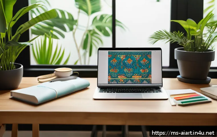 AI 예술과 광고 디자인 - A modern Malaysian graphic designer workspace featuring a sleek laptop displaying AI-powered design ...