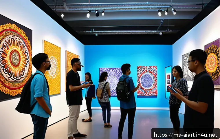 AI 예술과 증강현실 - A vibrant digital art exhibition in a modern Malaysian gallery showcasing interactive augmented real...