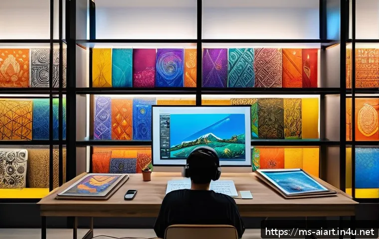 AI 아트 갤러리 - A vibrant digital art studio in Kuala Lumpur featuring a young Malaysian digital artist wearing casu...