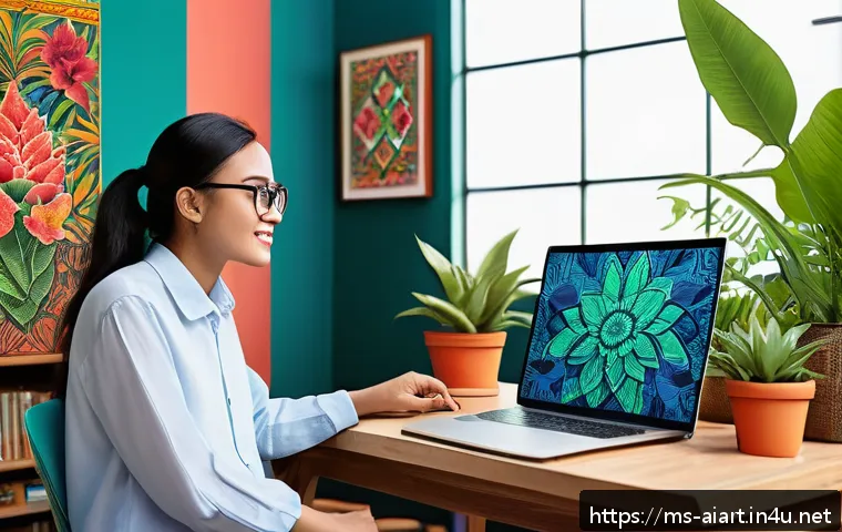 AI 예술과 애니메이션 - A modern Malaysian digital artist&rsquo;s workspace with vibrant AI-generated artwork displayed on multipl...